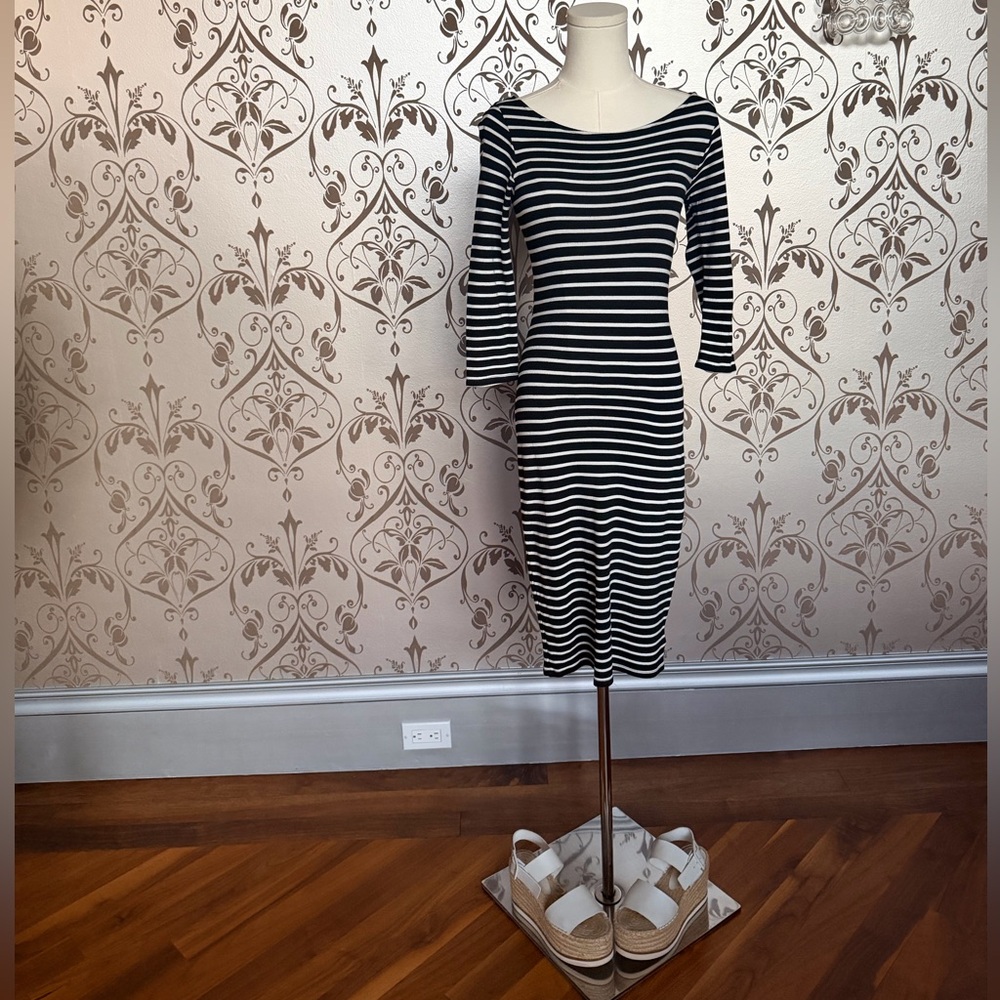 Velvet by Graham & Spencer Black White Striped Midi Dress |Shoes Sold Separately